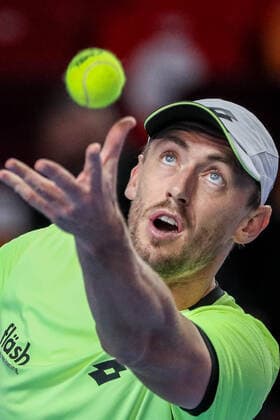 MOSCOW, RUSSIA - OCTOBER 22, 2021: Australia s John Millman in action in his singles quarterfinal tennis match against Russia s Karen Khachanov at the VTB Kremlin Cup 2021 at Irina Viner-Usmanova Rhythmic gymnastics, Rhythmische Sportgymnastik, RSG Center. Mikhail Tereshchenko TASS  TS11542F