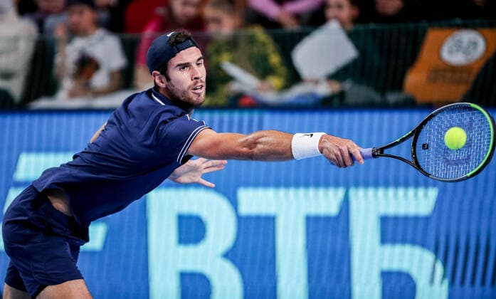 MOSCOW, RUSSIA - OCTOBER 22, 2021: Russia s Karen Khachanov in action in his singles quarterfinal tennis match against Australia s John Millman at the VTB Kremlin Cup 2021 at Irina Viner-Usmanova Rhythmic gymnastics, Rhythmische Sportgymnastik, RSG Center. Mikhail Tereshchenko TASS  TS115435