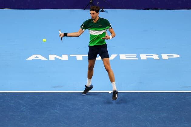 French Arthur Rinderknech pictured in action during a singles match between Italian Sinner and French Rinderknech, in the 1 4 finals of the European Open Tennis ATP, Tennis Herren tournament, in Antwerp, Friday 22 October 2021. DAVIDxPINTENS  x3120797x