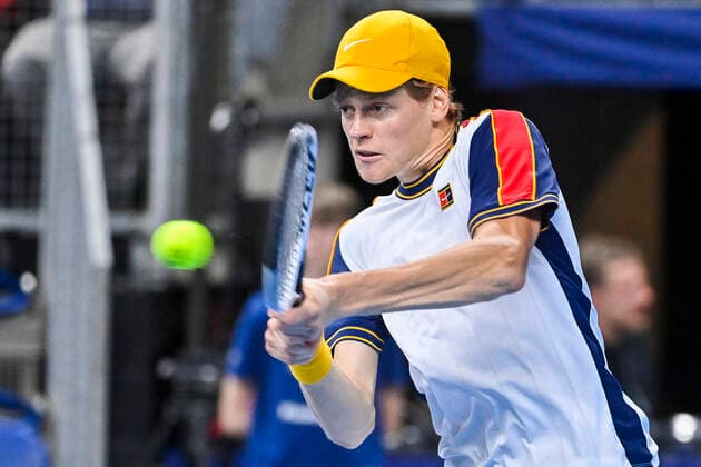 Italian Jannik Sinner pictured in action during a singles match between Italian Sinner and French Rinderknech, in the 1 4 finals of the European Open Tennis ATP, Tennis Herren tournament, in Antwerp, Friday 22 October 2021. LAURIExDIEFFEMBACQ  x3120821x