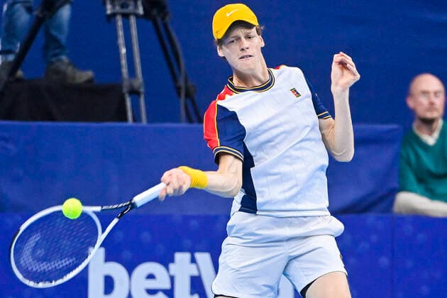 Italian Jannik Sinner pictured in action during a singles match between Italian Sinner and French Rinderknech, in the 1 4 finals of the European Open Tennis ATP, Tennis Herren tournament, in Antwerp, Friday 22 October 2021. LAURIExDIEFFEMBACQ  x3120833x