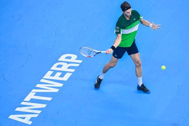 French Arthur Rinderknech pictured in action during a singles match between Italian Sinner and French Rinderknech, in the 1 4 finals of the European Open Tennis ATP, Tennis Herren tournament, in Antwerp, Friday 22 October 2021. LAURIExDIEFFEMBACQ  x3120840x