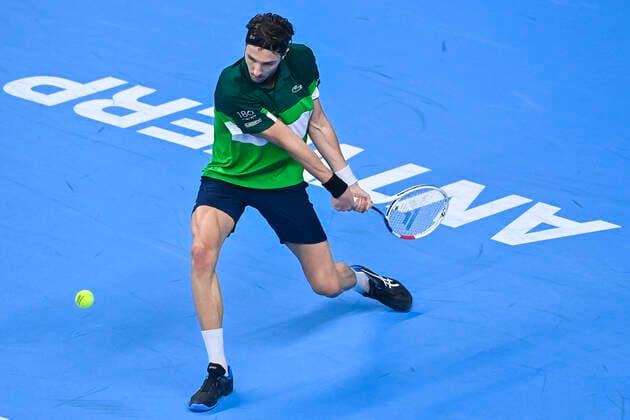 French Arthur Rinderknech pictured in action during a singles match between Italian Sinner and French Rinderknech, in the 1 4 finals of the European Open Tennis ATP, Tennis Herren tournament, in Antwerp, Friday 22 October 2021. LAURIExDIEFFEMBACQ  x3120850x