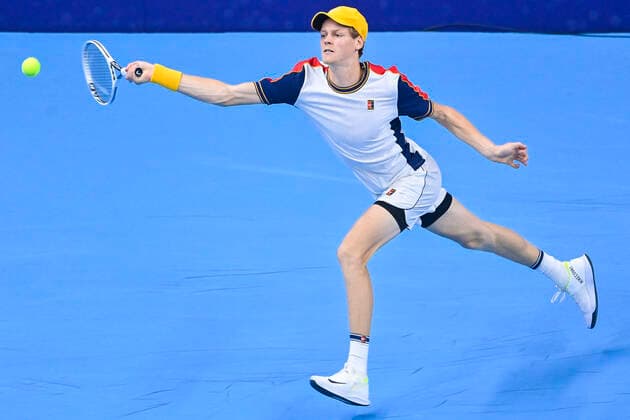 Italian Jannik Sinner pictured in action during a singles match between Italian Sinner and French Rinderknech, in the 1 4 finals of the European Open Tennis ATP, Tennis Herren tournament, in Antwerp, Friday 22 October 2021. LAURIExDIEFFEMBACQ  x3120855x