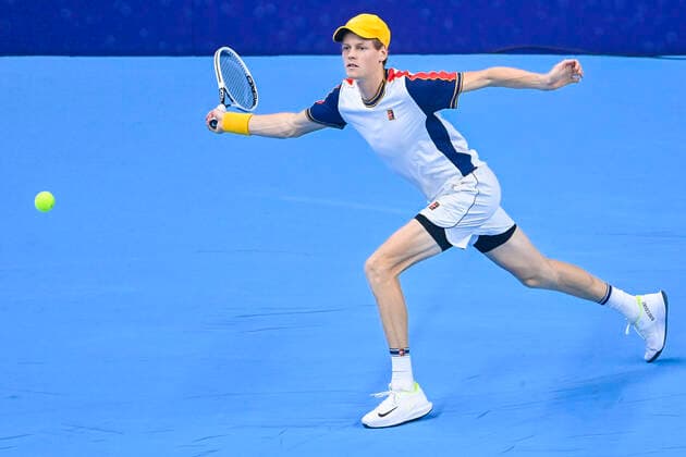 Italian Jannik Sinner pictured in action during a singles match between Italian Sinner and French Rinderknech, in the 1 4 finals of the European Open Tennis ATP, Tennis Herren tournament, in Antwerp, Friday 22 October 2021. LAURIExDIEFFEMBACQ  x3120856x