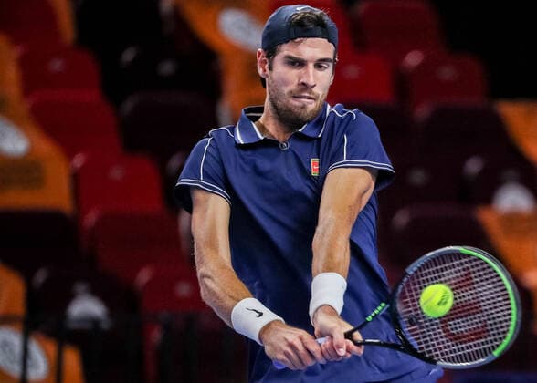MOSCOW, RUSSIA - OCTOBER 22, 2021: Russia s Karen Khachanov in action in his singles quarterfinal tennis match against Australia s John Millman at the VTB Kremlin Cup 2021 at Irina Viner-Usmanova Rhythmic gymnastics, Rhythmische Sportgymnastik, RSG Center. Mikhail Tereshchenko TASS  TS11544A