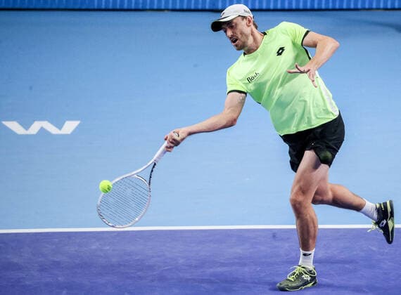MOSCOW, RUSSIA - OCTOBER 22, 2021: Australia s John Millman in action in his singles quarterfinal tennis match against Russia s Karen Khachanov at the VTB Kremlin Cup 2021 at Irina Viner-Usmanova Rhythmic gymnastics, Rhythmische Sportgymnastik, RSG Center. Mikhail Tereshchenko TASS  TS11544B
