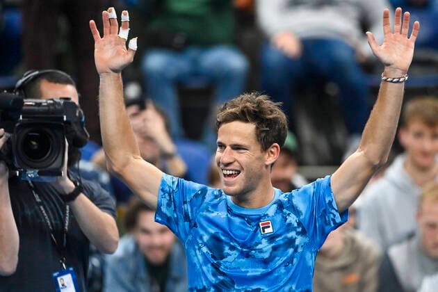 Argentinian Diego Schwartzman celebrates after winning a singles tennis match between Argentinian Schwartzman and US Nakashima, in the 1 4 finals of the European Open Tennis ATP, Tennis Herren tournament, in Antwerp, Friday 22 October 2021. LAURIExDIEFFEMBACQ  x3120995x