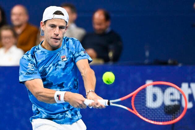 Argentina s Diego Schwartzman pictured in action during a singles tennis match between Argentinian Schwartzman and US Nakashima, in the 1 4 finals of the European Open Tennis ATP, Tennis Herren tournament, in Antwerp, Friday 22 October 2021. LAURIExDIEFFEMBACQ  x3121015x