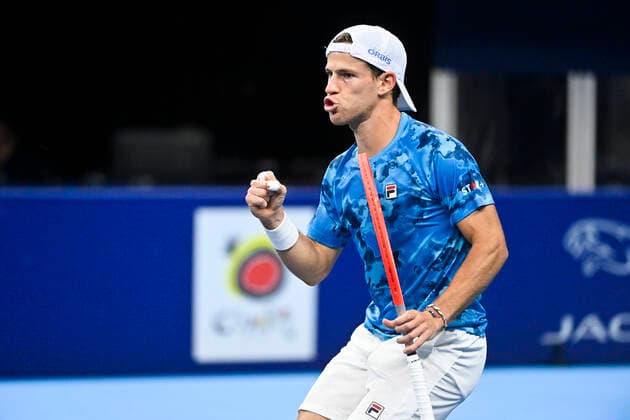 Argentina s Diego Schwartzman celebrates during a singles tennis match between Argentinian Schwartzman and US Nakashima, in the 1 4 finals of the European Open Tennis ATP, Tennis Herren tournament, in Antwerp, Friday 22 October 2021. LAURIExDIEFFEMBACQ  x3121030x