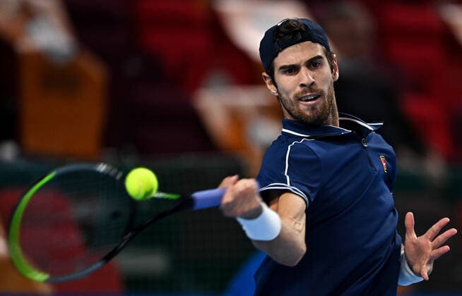 6678665 22.10.2021 Russia s Karen Khachanov returns a shot during the men s singles quarterfinal tennis match against Australia s John Millman at the Kremlin Cup, in Moscow, Russia. Alexey Filippov Sputnik Russia Tennis Kremlin Cup  451bd989a690399f