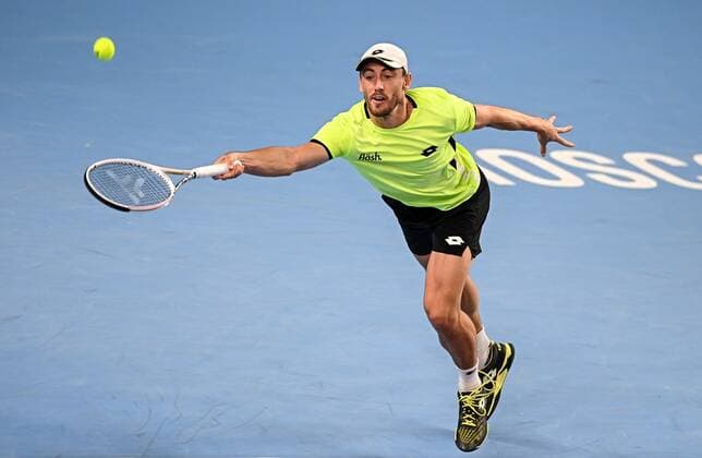 6678598 22.10.2021 Russia s Karen Khachanov returns a shot during the men s singles quarterfinal tennis match against Australia s John Millman at the Kremlin Cup, in Moscow, Russia. Australia s John Millman returns a shot during the men s singles quarterfinal tennis match against Russia s Karen Khachanov at the Kremlin Cup, in Moscow, Russia. Alexey Filippov Sputnik Russia Tennis Kremlin Cup  eba2a757d7fd3e7c
