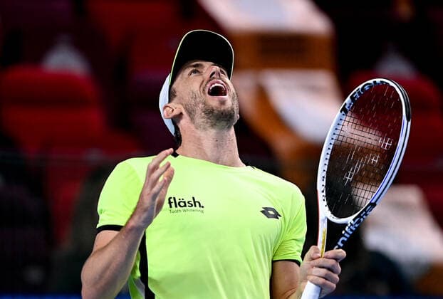 6678603 22.10.2021 Australia s John Millman reacts during the men s singles quarterfinal tennis match against Russia s Karen Khachanov at the Kremlin Cup, in Moscow, Russia. Alexey Filippov Sputnik Russia Tennis Kremlin Cup  1f3810dd60028d12