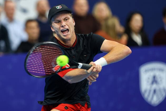 US Jenson Brooksby pictured in action during a singles match between US Brooksby and Spanish Fokina, in the 1 4 finals of the European Open Tennis ATP, Tennis Herren tournament, in Antwerp, Friday 22 October 2021. DAVIDxPINTENS  x3121375x