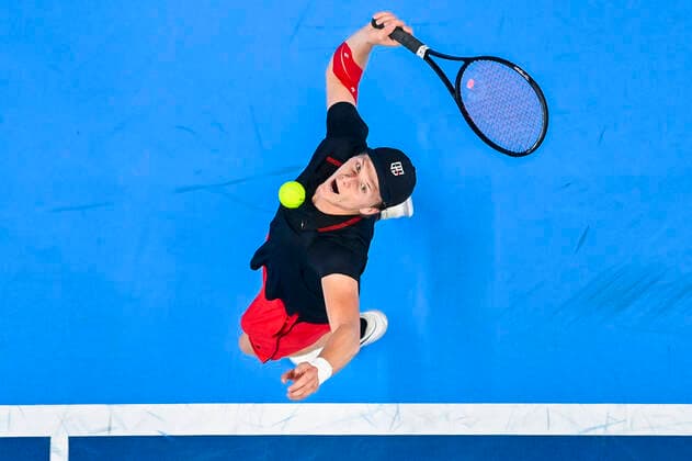 US Jenson Brooksby pictured in action during a singles match between US Brooksby and Spanish Fokina, in the 1 4 finals of the European Open Tennis ATP, Tennis Herren tournament, in Antwerp, Friday 22 October 2021. LAURIExDIEFFEMBACQ  x3121377x