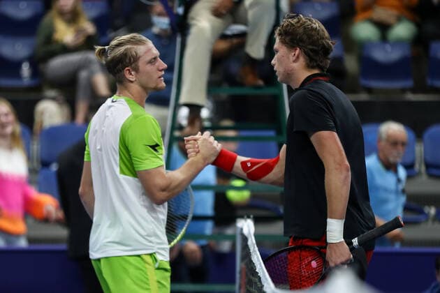 US Jenson Brooksby and Spanish Alejandro Davidovich Fokina pictured after a singles match between US Brooksby and Spanish Fokina, in the 1 4 finals of the European Open Tennis ATP, Tennis Herren tournament, in Antwerp, Friday 22 October 2021. DAVIDxPINTENS  x3121412x