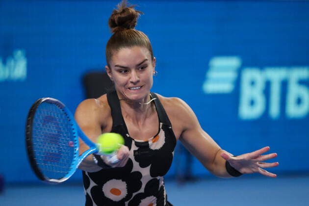 MOSCOW, RUSSIA - OCTOBER 23, 2021: Greece s Maria Sakkari returns the ball in her women s singles semifinal match against Russia s Ekaterina Alexandrova at the VTB Kremlin Cup 2021 international tennis tournament at the Irina Viner-Usmanova Gymnastics Palace. Mikhail Tereshchenko TASS  TS11556B