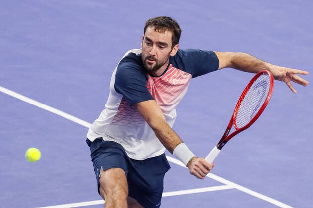 VTB Kremlin Cup 2021 International Tennis Tournament Marin Cilic of Croatia returns the ball to Ricardas Berankis of Lithuania during the men s singles semifinal tennis match of the ATP, Tennis Herren 250 VTB Kremlin Cup 2021 International Tennis Tournament at the Irina Viner-Usmanova Gymnastics Palace on October 23, 2021 in Moscow, Russia. Moscow Russia  Copyright: xMikexKireevx kireev-notitle211023_npL2U