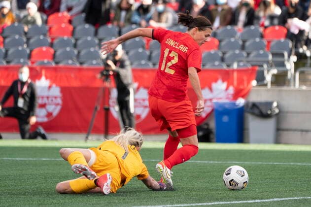 October 23, 2021, Ottawa, on, Canada: New Zealand goalie Erin Nayler falls behind CanadaÃ¢â‚¬â ¢s Christine Sinclair as she turns to score during first half action during the Celebration Tour, in Ottawa, Saturday, Oct. 23, 2021. Christine Sinclair Erin Nayler  - ZUMAc35_ 20211023_zaf_c35_030 Copyright: xAdrianxWyldx