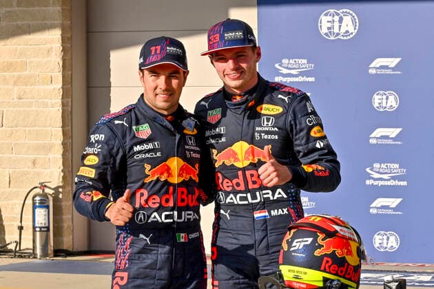 11 Sergio Perez (MEX, Red Bull Racing), 33 Max Verstappen (NED, Red Bull Racing), F1 Grand Prix of USA at Circuit of The Americas on October 23, 2021 in Austin, United States of America. (Photo by HOCH ZWEI) Austin United States of America