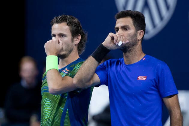Dutch Wesley Koolhof and Dutch Jean-Julien Rojer pictured during a doubles men game between Dutch pair Koolhof - Rojer and French Mahut - Martin, the finals of the European Open Tennis ATP, Tennis Herren tournament, in Antwerp, Sunday 24 October 2021. KRISTOFxVANxACCOM  x3122690x