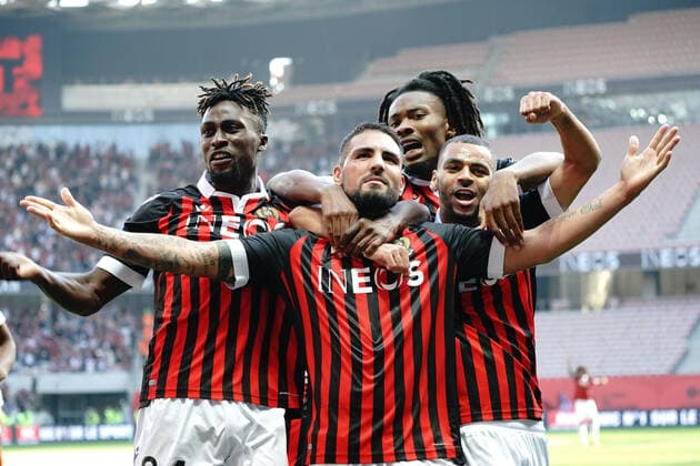 Joie - Andy Delort (OGC Nice) - Alexis Claude Maurice (OGC Nice) - Khephren Thuram (OGC Nice) - Evann Guessand (OGC Nice) FOOTBALL : OGC Nice vs Lyon - Ligue 1 Uber Eats - Nice - 24 10 2021 NorbertScanella Panoramic 