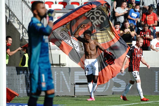 Joie - Evann Guessand (OGC Nice) FOOTBALL : OGC Nice vs Lyon - Ligue 1 Uber Eats - Nice - 24 10 2021 NorbertScanella Panoramic 