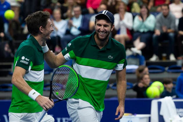 French Nicolas Mahut and French Fabrice Martin celebrate after winning a doubles men game between Dutch pair Koolhof - Rojer and French Mahut - Martin, the finals of the European Open Tennis ATP, Tennis Herren tournament, in Antwerp, Sunday 24 October 2021. KRISTOFxVANxACCOM  x3122825x