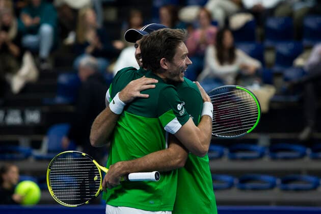 French Nicolas Mahut and French Fabrice Martin celebrate after winning a doubles men game between Dutch pair Koolhof - Rojer and French Mahut - Martin, the finals of the European Open Tennis ATP, Tennis Herren tournament, in Antwerp, Sunday 24 October 2021. KRISTOFxVANxACCOM  x3122826x