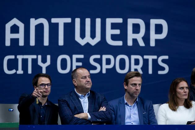 Waregem mayor Kurt Vanryckeghem (2nd L) and Waregem alderman Kristof Chanterie (2nd R) attend a doubles men game between Dutch pair Koolhof - Rojer and French Mahut - Martin, the finals of the European Open Tennis ATP, Tennis Herren tournament, in Antwerp, Sunday 24 October 2021. KRISTOFxVANxACCOM  x3122904x