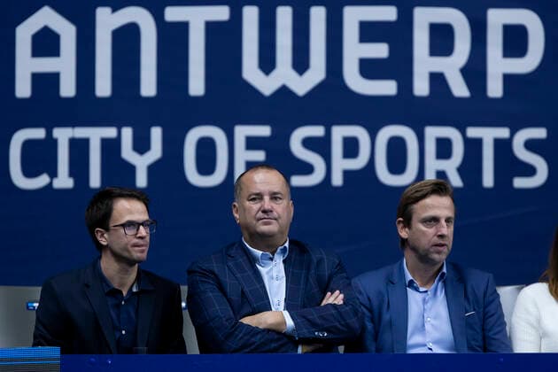 Waregem mayor Kurt Vanryckeghem (C) and Waregem alderman Kristof Chanterie (R) attend a doubles men game between Dutch pair Koolhof - Rojer and French Mahut - Martin, the finals of the European Open Tennis ATP, Tennis Herren tournament, in Antwerp, Sunday 24 October 2021. KRISTOFxVANxACCOM  x3122905x