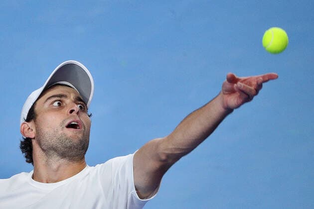 MOSCOW, RUSSIA - OCTOBER 24, 2021: Russia s Aslan Karatsev serves in his singles final match against Croatia s Marin Cilic at the VTB Kremlin Cup 2021 international tennis tournament at the Irina Viner-Usmanova Gymnastics Palace. Mikhail Tereshchenko TASS  TS115869