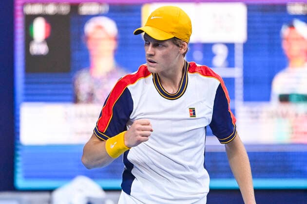 Italian Jannik Sinner celebrates during a tennis match between Italian Sinner and Argentinian Schwartzman, the finals of the singles at the European Open Tennis ATP, Tennis Herren tournament, in Antwerp, Sunday 24 October 2021. LAURIExDIEFFEMBACQ  x3123329x