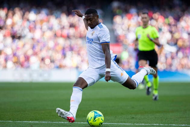 24th October 2021; Nou Camp, Barcelona, Spain: La Lig football, FC Barcelona, Barca versus Real Madrid; David Alaba of Madrid with a shot on goal  ActionPlus12333485 MarcxGonzalezxAloma