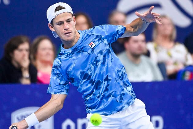 Argentina s Diego Schwartzman pictured in action during a tennis match between Italian Sinner and Argentinian Schwartzman, the finals of the singles at the European Open Tennis ATP, Tennis Herren tournament, in Antwerp, Sunday 24 October 2021. LAURIExDIEFFEMBACQ  x3123334x