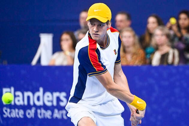 Italian Jannik Sinner pictured in action during a tennis match between Italian Sinner and Argentinian Schwartzman, the finals of the singles at the European Open Tennis ATP, Tennis Herren tournament, in Antwerp, Sunday 24 October 2021. LAURIExDIEFFEMBACQ  x3123465x