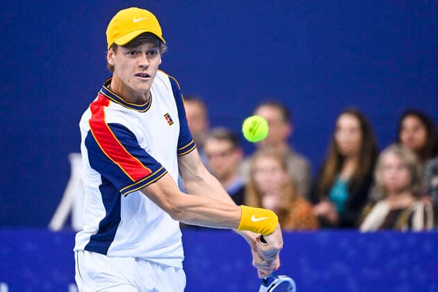 Italian Jannik Sinner pictured in action during a tennis match between Italian Sinner and Argentinian Schwartzman, the finals of the singles at the European Open Tennis ATP, Tennis Herren tournament, in Antwerp, Sunday 24 October 2021. LAURIExDIEFFEMBACQ  x3123470x