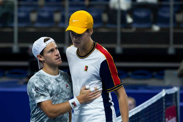 Argentina s Diego Schwartzman and Italian Jannik Sinner pictured after a tennis match between Italian Sinner and Argentinian Schwartzman, the finals of the singles at the European Open Tennis ATP, Tennis Herren tournament, in Antwerp, Sunday 24 October 2021. KRISTOFxVANxACCOM  x3123529x