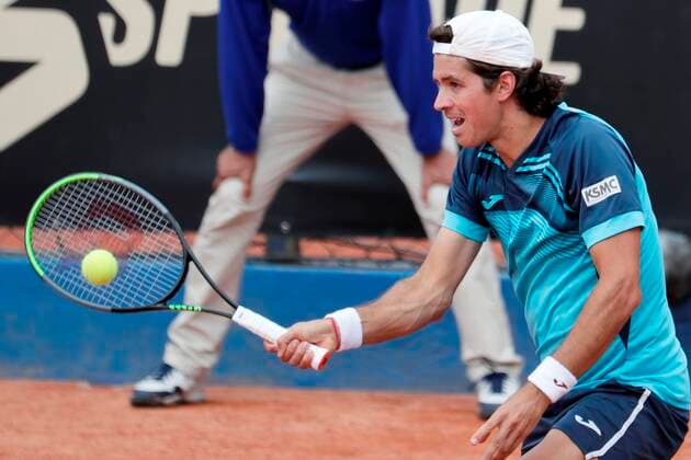 Argentine tennis player Facundo Mena returns a ball to Austrian Gerald Melzer, during the final match of the ATP, Tennis Herren Tennis Challenger tournament, today, at the Carmel Club in Bogota, Colombia, 24 October 2021. The pair defeated Colombians Nicolas Barrientos and Alejandro Gomez 6-7 (4), 7-5, 10-4 in the final for the title. Final of the ATP Challenger in Bogota !ACHTUNG: NUR REDAKTIONELLE NUTZUNG!  Copyright: xCarlosxOrtegax AME1773 20211024-87471fe588f5444263fd61241ae83864bc72a7f2