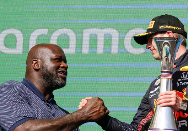 Shaquille Shaq Rashaun O Neal (USA), 33 Max Verstappen (NED, Red Bull Racing), F1 Grand Prix of USA at Circuit of The Americas on October 24, 2021 in Austin, United States of America. (Photo by HOCH ZWEI) Austin United States of America