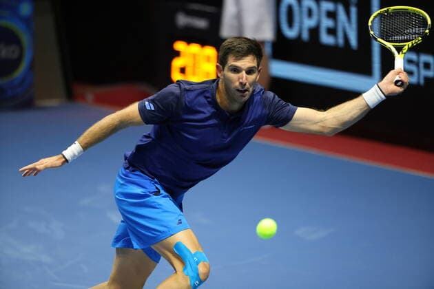 Saint Petersburg, Russia - 26 october 2021: Tennis. Federico Delbonis plays during a match against Pablo Andujar at the St.Petersburg Ladies Trophy 2021 tennis tournament. Pablo Andujar. MaksimxKonstantinov
