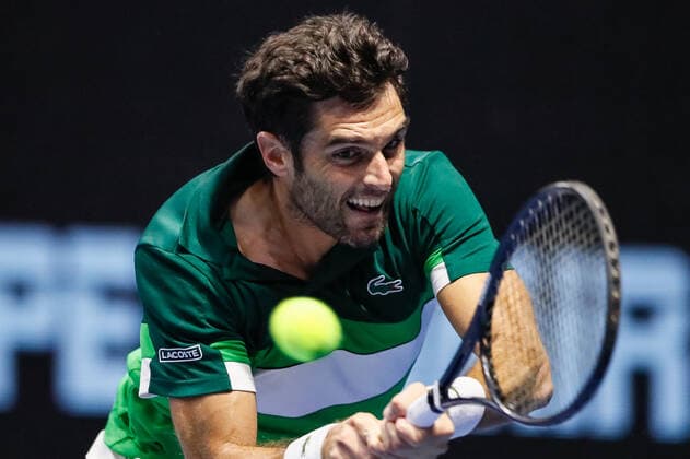 ATP, Tennis Herren St. Petersburg Open 2021 International Tennis Tournament Pablo Andujar of Spain returns the ball to Federico Delbonis of Argentina during the men s singles Round of 32 tennis match of the ATP 250 St. Petersburg Open 2021 International Tennis Tournament at the Sibur Arena on October 26, 2021 in Saint Petersburg, Russia. Saint Petersburg Russia  Copyright: xMikexKireevx kireev-notitle211026_npkty