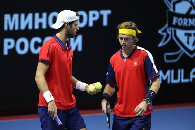 Saint Petersburg, Russia - 26 october 2021: Tennis. Karen Khachanov, Andrey Rublev plays during a match against Daniil Golubev, Evgenii Tiurnev at the SPB Open 2021 tennis tournament. Karen Khachanov. MaksimxKonstantinov