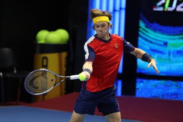 October 26, 2021, St. Petersburg, Russia: Andrey Rublev of Russia seen in action during a match Karen Khachanov, Andrey Rublev of Russia against Daniil Golubev, Evgenii Tiurnev of Russia at the St. Petersburg Open, 2021 tennis tournament at Sibur Arena..Final score: St. Petersburg Russia - ZUMAs197 20211026_zaa_s197_113 Copyright: xMaksimxKonstantinovx