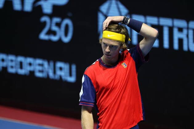 October 26, 2021, St. Petersburg, Russia: Andrey Rublev of Russia seen in action during a match Karen Khachanov, Andrey Rublev of Russia against Daniil Golubev, Evgenii Tiurnev of Russia at the St. Petersburg Open, 2021 tennis tournament at Sibur Arena..Final score: St. Petersburg Russia - ZUMAs197 20211026_zaa_s197_118 Copyright: xMaksimxKonstantinovx