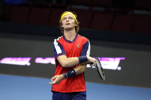 October 26, 2021, St. Petersburg, Russia: Andrey Rublev of Russia seen in action during a match Karen Khachanov, Andrey Rublev of Russia against Daniil Golubev, Evgenii Tiurnev of Russia at the St. Petersburg Open, 2021 tennis tournament at Sibur Arena..Final score: St. Petersburg Russia - ZUMAs197 20211026_zaa_s197_123 Copyright: xMaksimxKonstantinovx
