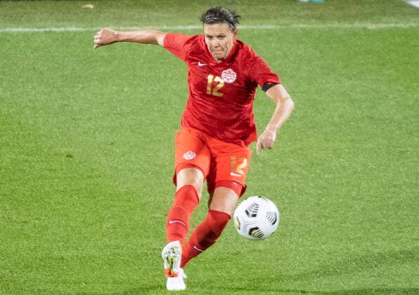 October 26, 2021, Montreal, PQ, Canada: CanadaÃ¢â‚¬â ¢s Christine Sinclair plays a pass during first half Celebration Tour soccer action against New Zealand in Montreal, Tuesday, October 26, 2021. Christine Sinclair,  - ZUMAc35_ 20211026_zaf_c35_346 Copyright: xGrahamxHughesx