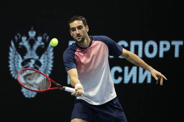 Saint Petersburg, Russia - 27 october 2021: Tennis. Albert Ramos-Vinolas plays during a match against Marin Cilic at the St.Petersburg Open 2021 tennis tournament. Marin Cilic. MaksimxKonstantinov