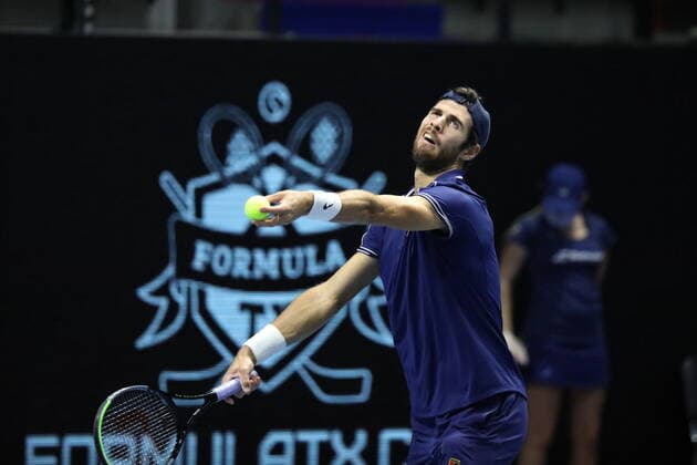 Saint Petersburg, Russia - 27 october 2021: Tennis. Adrian Mannarino plays during a match against Karen Khachanov at the St.Petersburg Open 2021 tennis tournament. Karen Khachanov. MaksimxKonstantinov