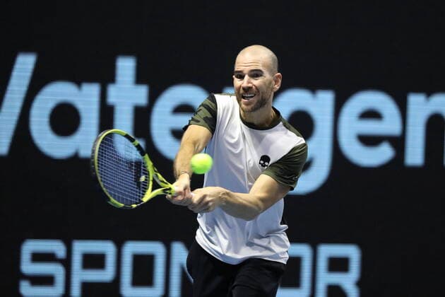 Saint Petersburg, Russia - 27 october 2021: Tennis. Adrian Mannarino plays during a match against Karen Khachanov at the St.Petersburg Open 2021 tennis tournament. Adrian Mannarino. MaksimxKonstantinov